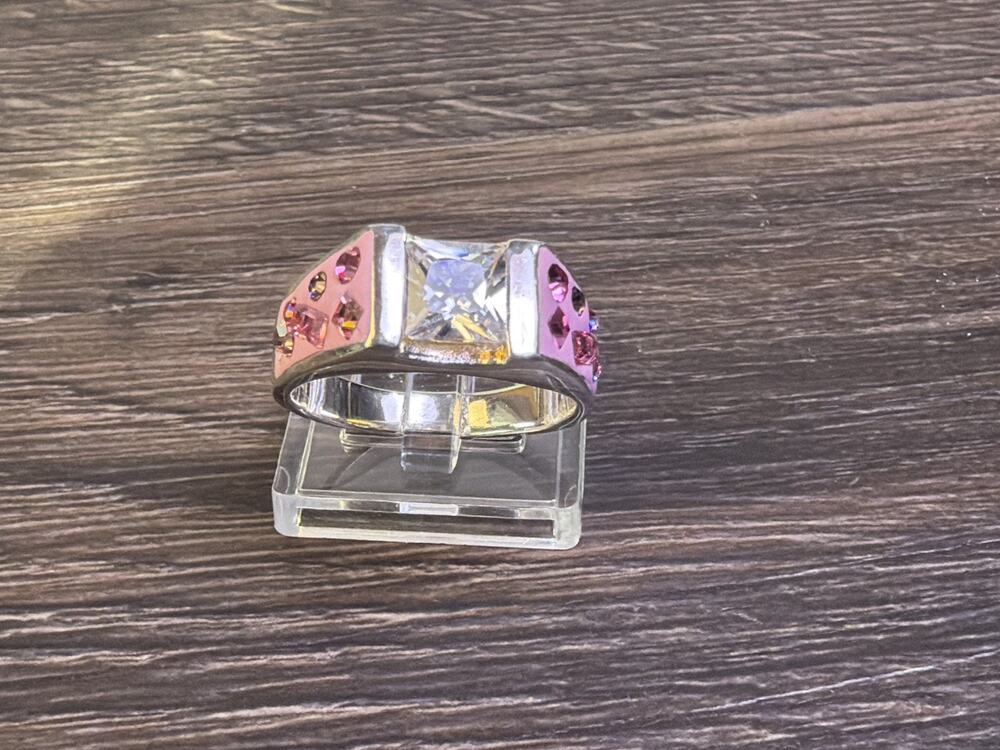 925 Sterling Silver Pink Enamel Princess Cut CZ Wide Dome Cocktail Ring Size 8